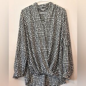 PLEIONE faux wrap net print blouse rolltab sleeves in black and white. Size XL.